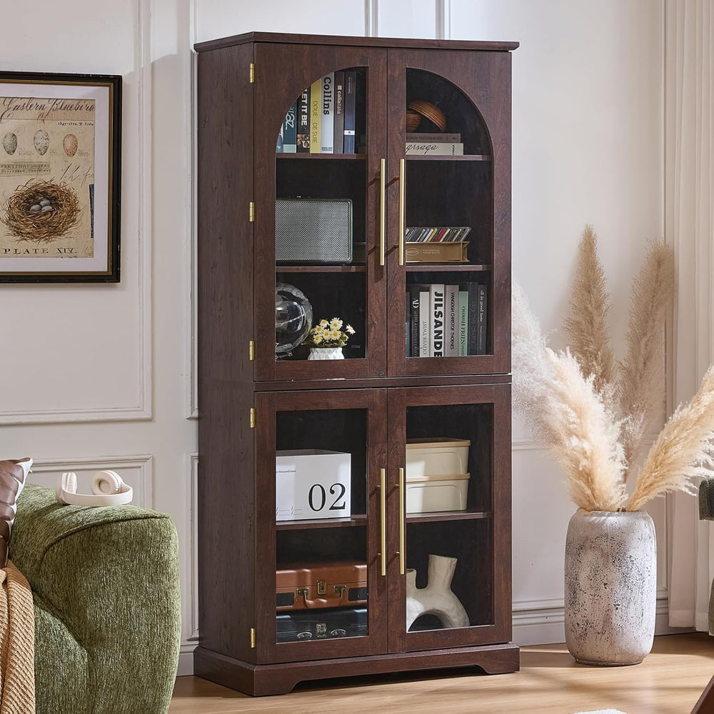 Joaxswe 72" Tall Bookshelf with 4 Curved Glass Doors, Farmhouse Bookcase...