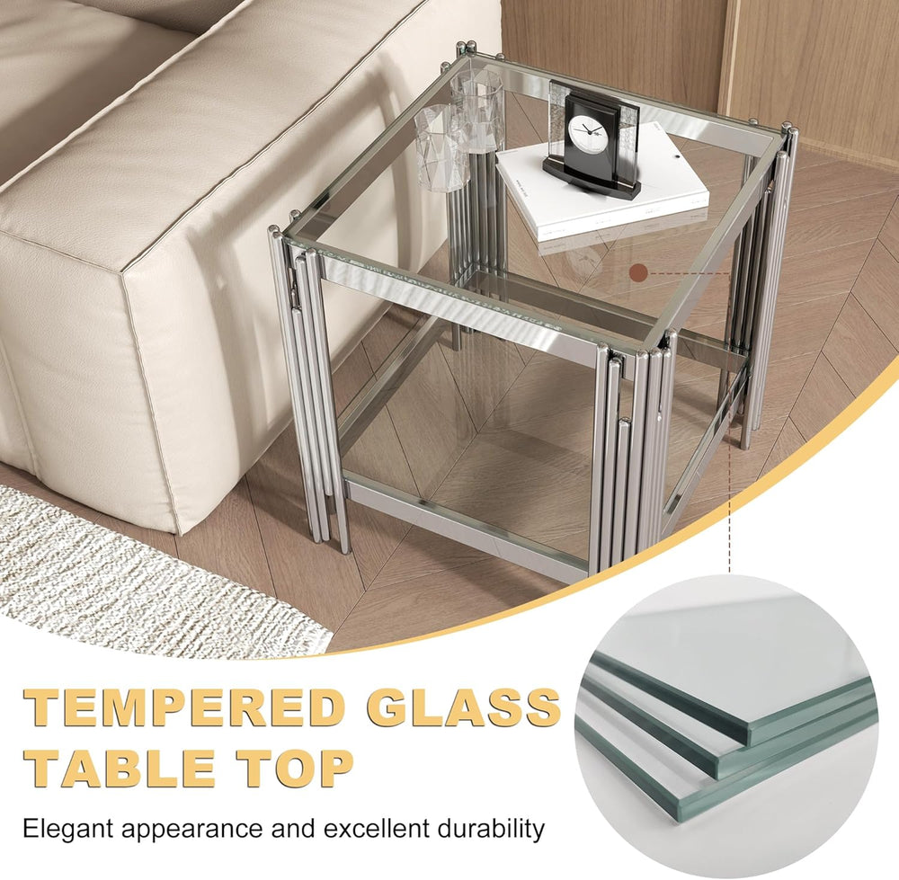 Square Glass End Table with Clear Tempered Glass Top & Silver Stainless S...