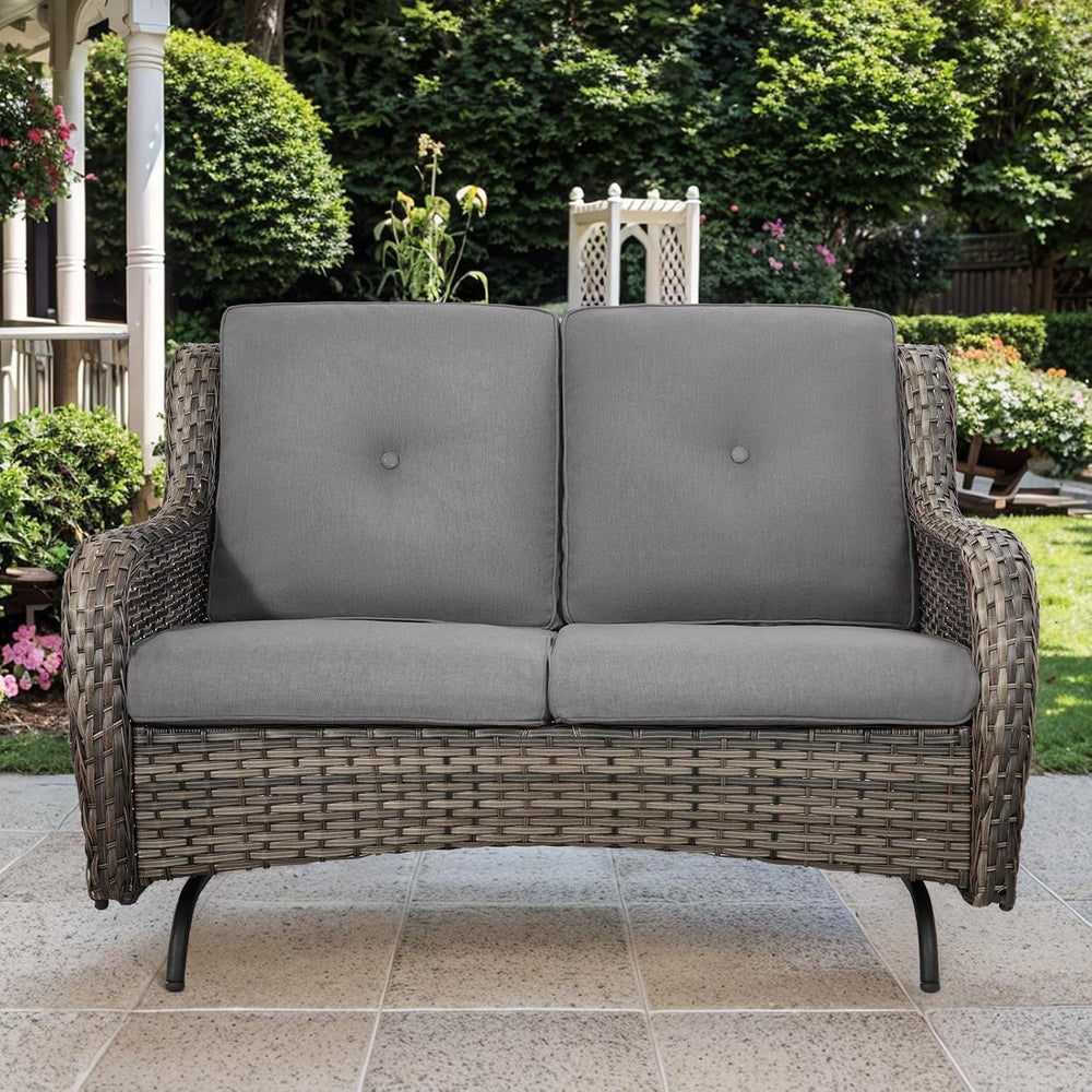 Patio Loveseat Wicker Loveseat Rattan Glider Sofa with Curved Armrest Thickin...