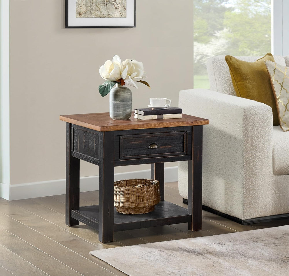 Monterey Farmhouse Rustic End Table, Solid Pine Wood Coastal Side Table with ...
