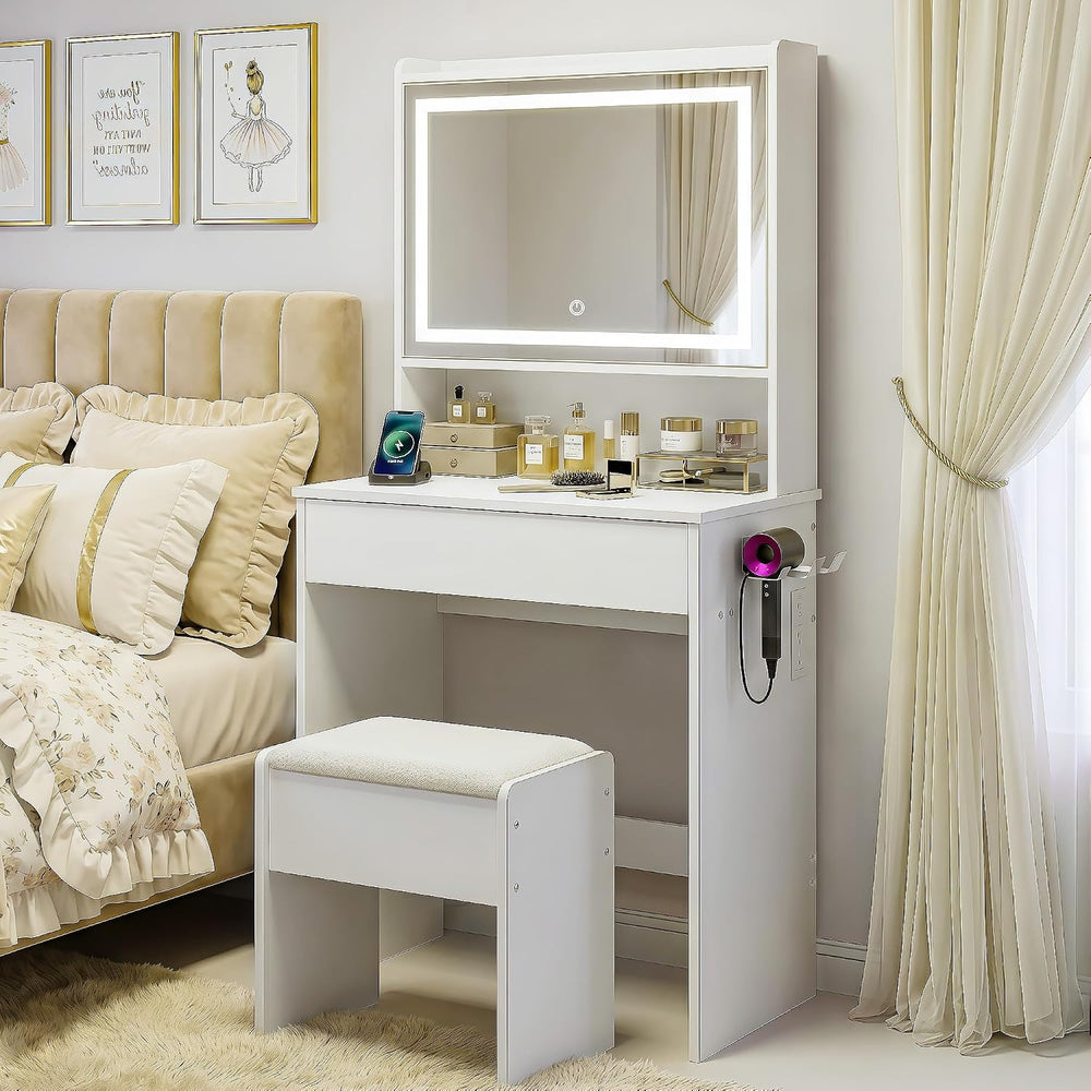 Small Vanity Desk with Lighted Mirror & Charging Station, 24" White ...
