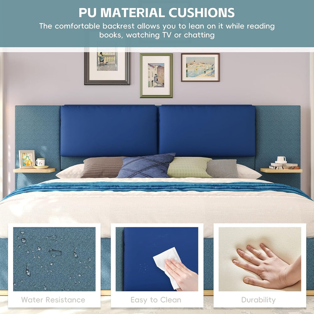 Peanu Queen Bed Frame, Upholstered Panel Headboard, Blue Finish