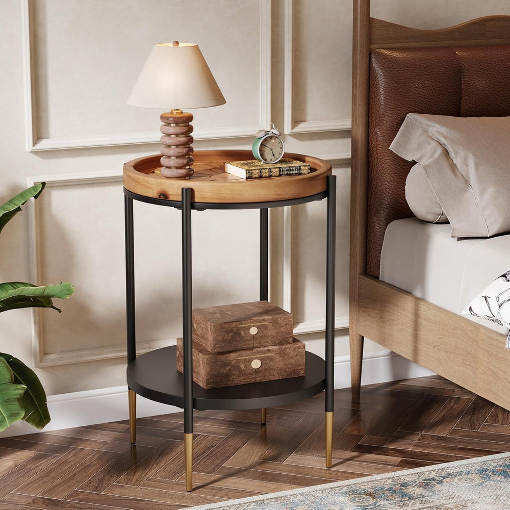 Tribesigns Round Side Table, 2-Tier End Table with Solid Wood and Metal, Indu...