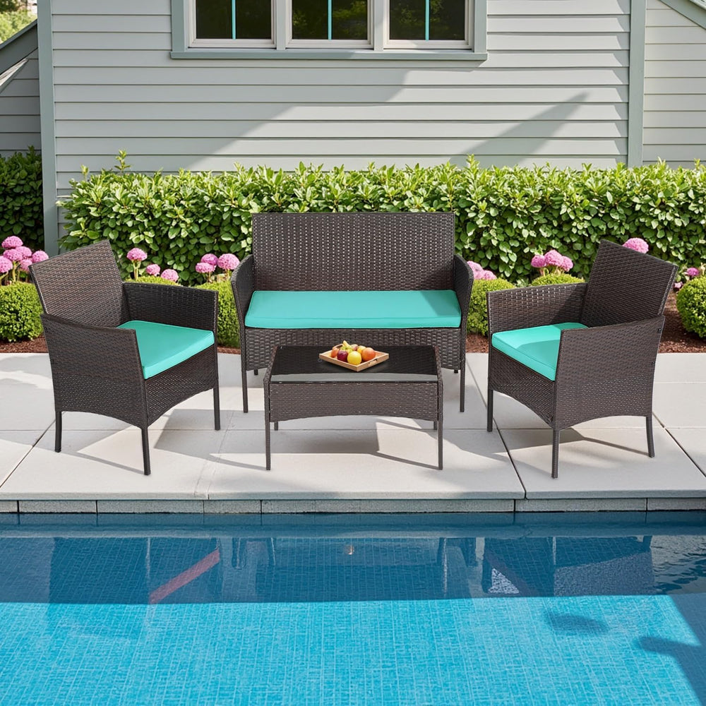 FDW 4-Piece Patio Furniture Set | Brown & Blue | Outdoor Wicker Furniture
