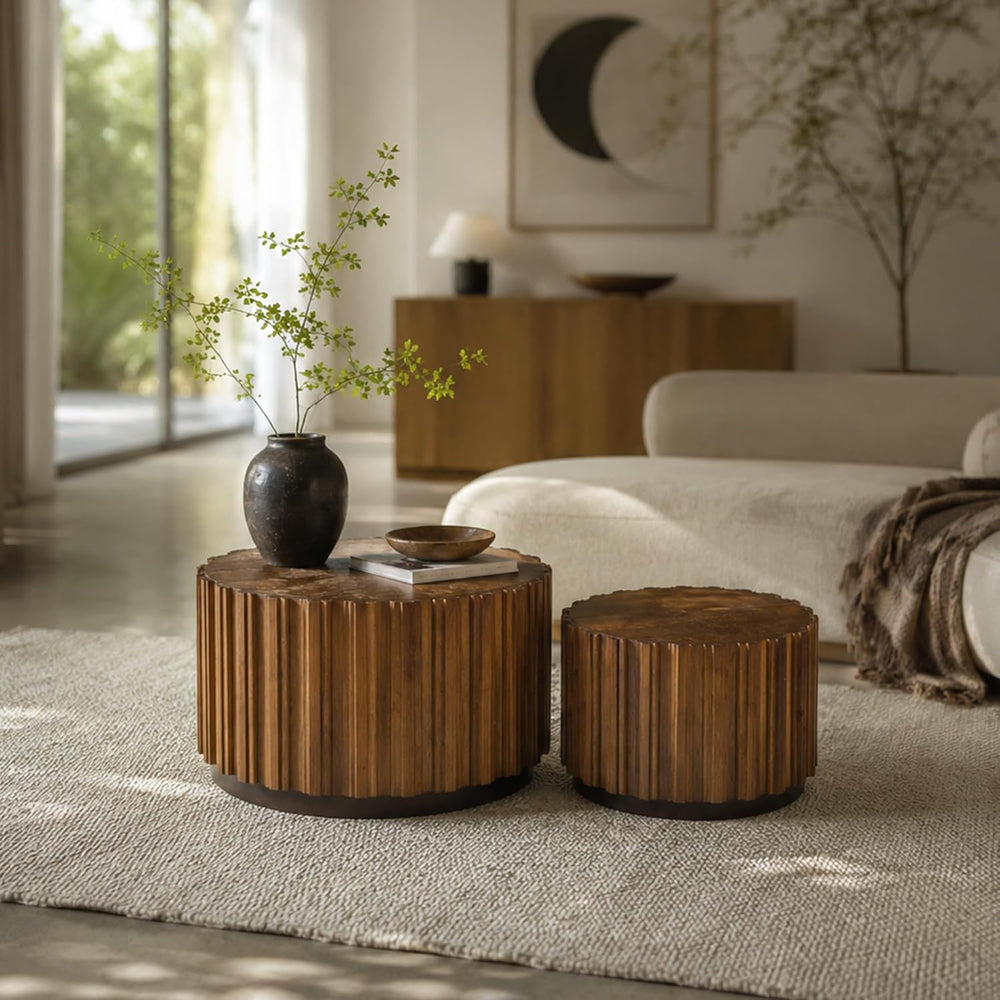 Nesting Coffee Table Set of 2, Round Fluted Drum Accent Tables, Solid Wood Sl...