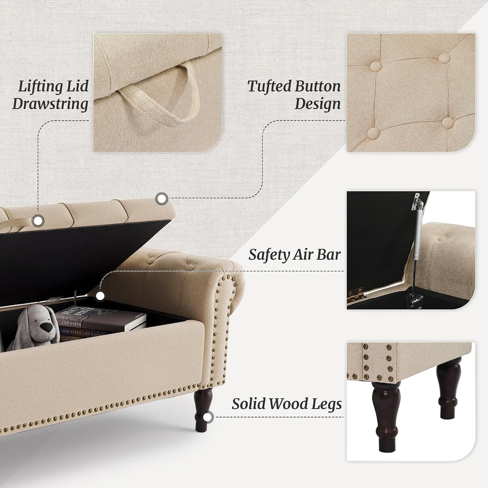 Cozyman Storage Bench Ottoman, 61" Long King Linen Rolled Arm Bedroom En...