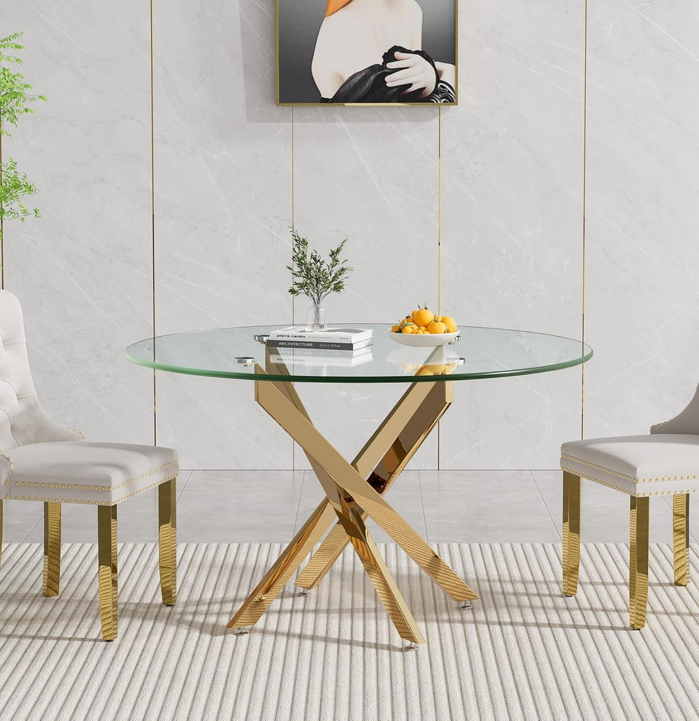 47.2'' Round Glass Dining Table for 4, Glass Round Dining Room Table ...