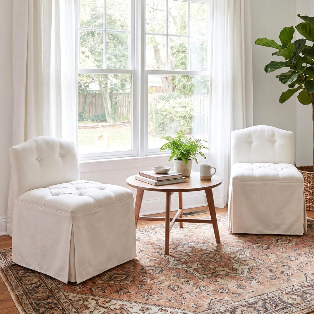 White Tufted Makeup Vanity Chair with Wheels, Small Upholstered Skirted Slipp...