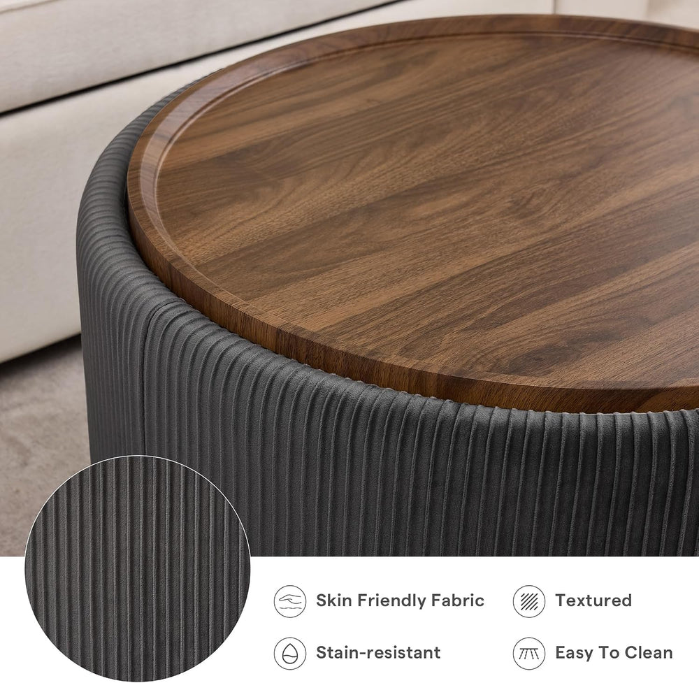 29.5 Inch Round Storage Ottoman Coffee Table, Grey Velvet | Modern Circle Cof...