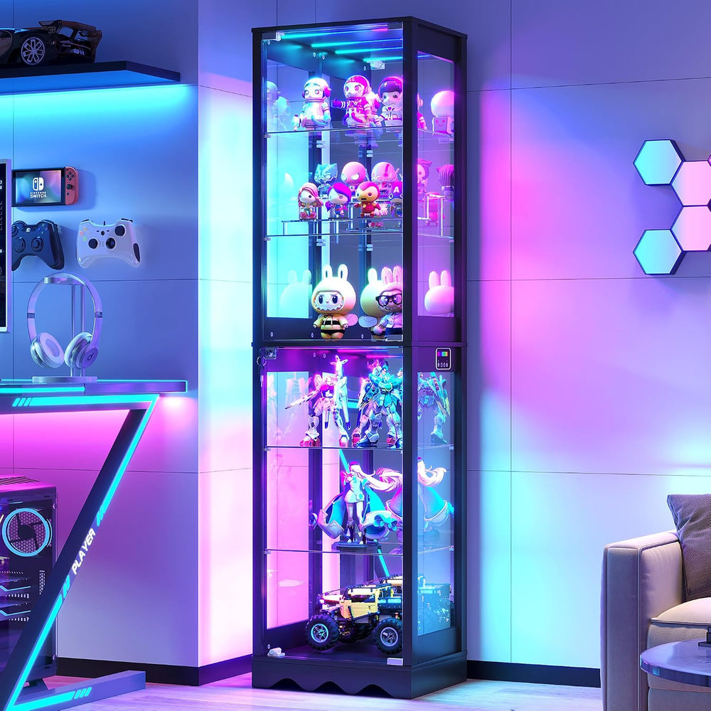 Dystler Display Cabinet with Glass Doors, 6 Tier RGB Lights Curio Cabinet | A...