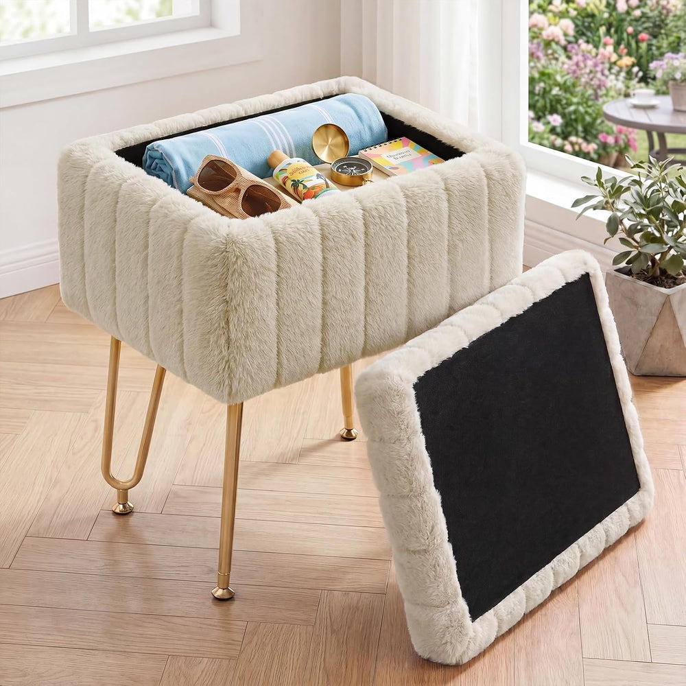 OLIXIS Vanity Stool Chair Faux Fur with Storage, Soft Ottoman 4 Metal Legs wi...