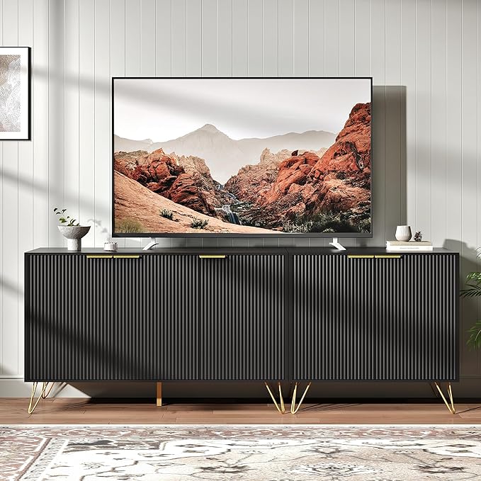 Fluted TV Stand for 80 Inch TV, Modern TV Stand Console, Black Entertainment ...