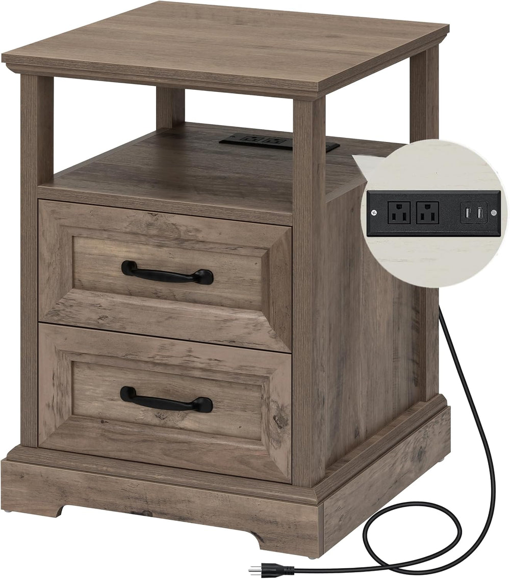 HOMMPA 18'' W Farmhouse Nightstand with Charging Station, Bedside Tab...