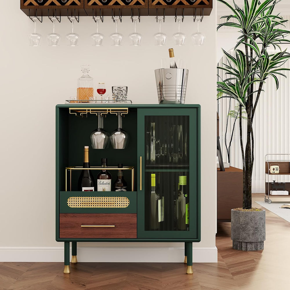 ARTPOWER Modern Coffee Bar Cabinet with Pull-Out Wine Storage, Green | Bar Ca...