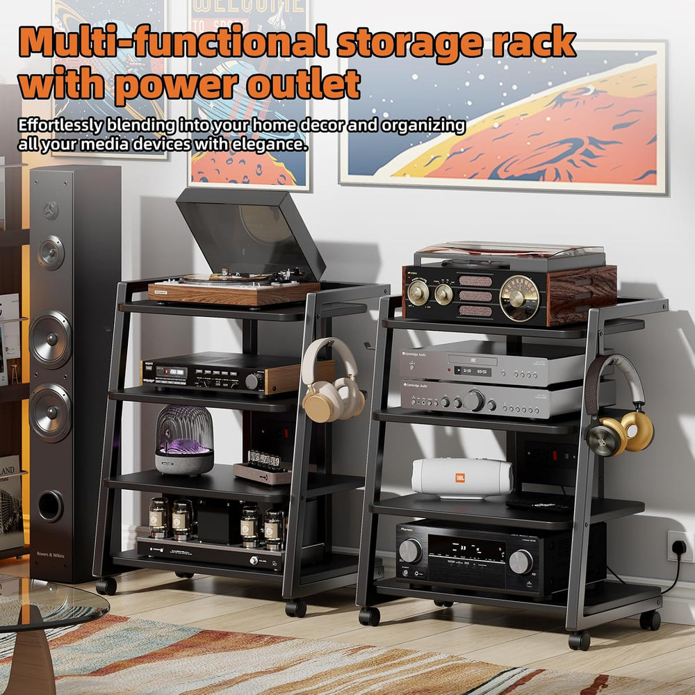 Mobile AV Media Stand with Outlets and 4 Rolling Caster Wheels