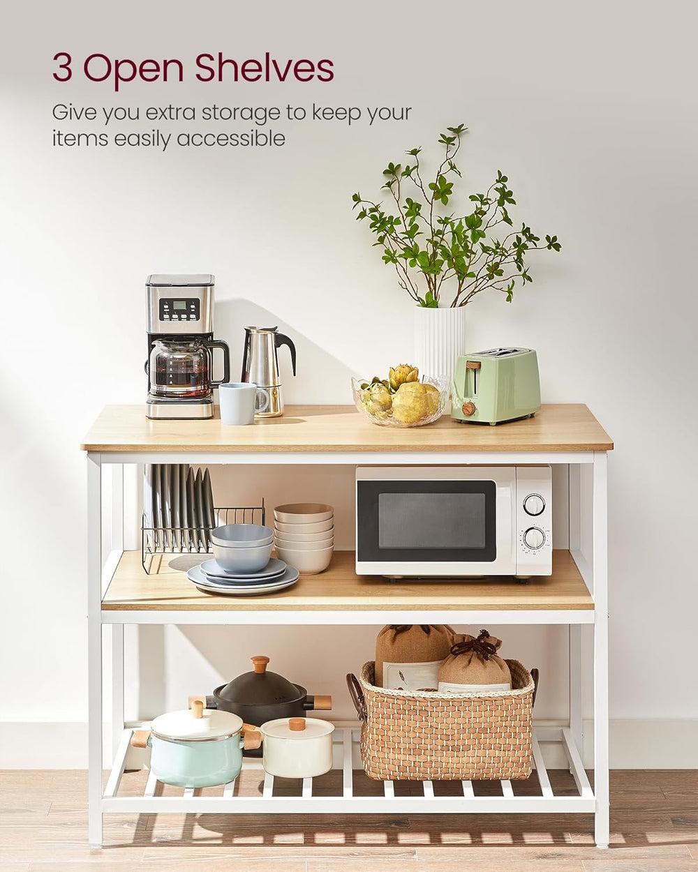 VASAGLE Kitchen Island with 3 Shelves, 47.2 Inches Width Kitchen Shelf with L...