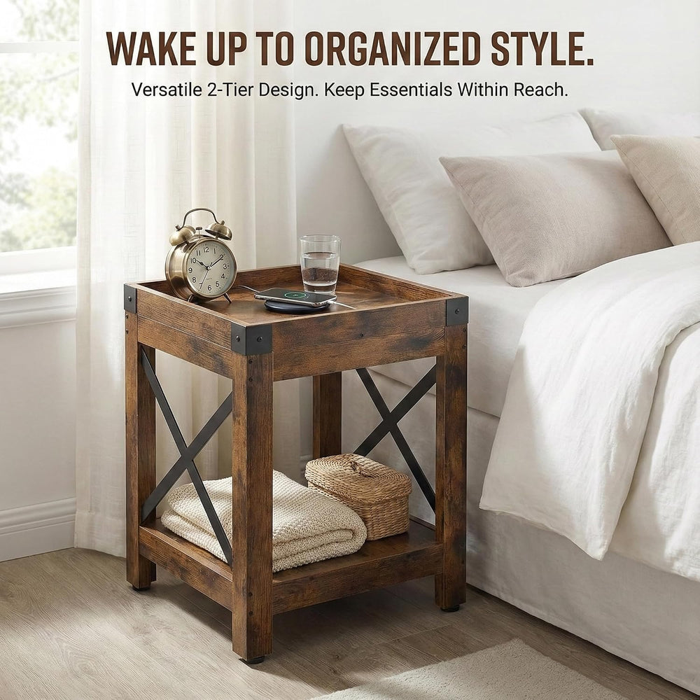 Farmhouse Square Side Table with Open Storage Shelves, Large End Table Modern...