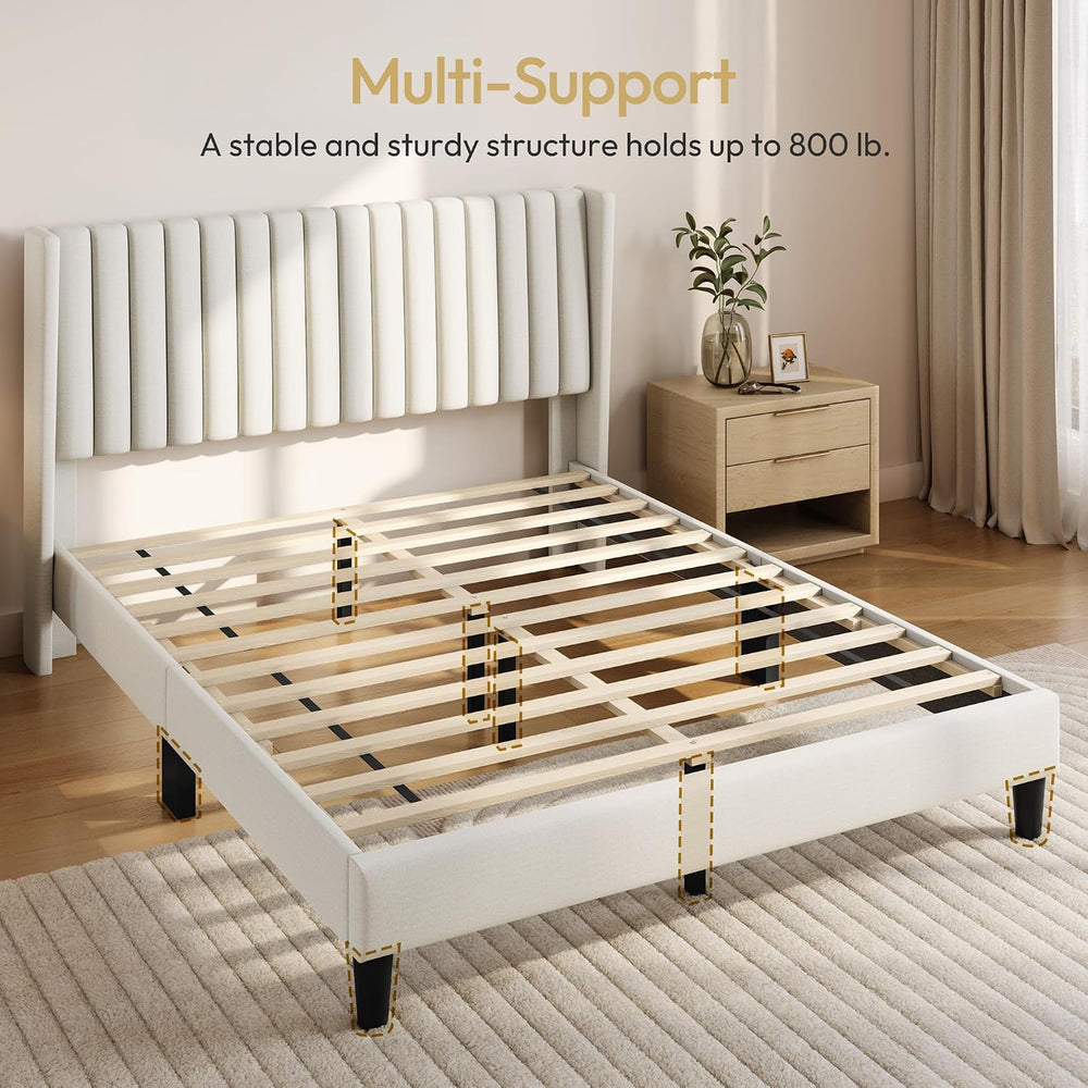 Yaheetech Queen Bed Frame with Headboard, Ivory Channel-Tufted Platform