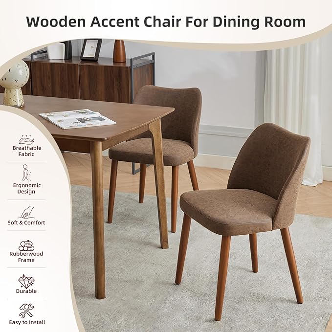 Dining Chair Set of 2, Leather Upholstered Dining Chair with Wood Legs, Wing ...
