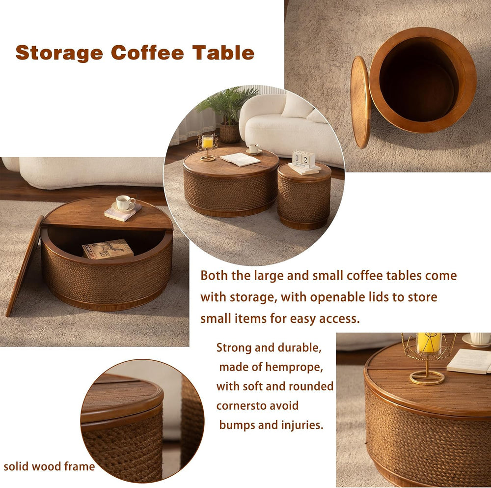 Round Rattan Coffee Table Set of 2 with Lift-Off Lid Storage, Boho-Chic End T...