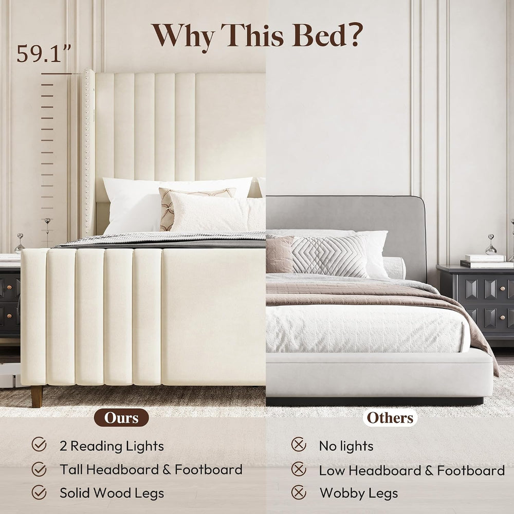 Belffin 59" Tall Queen Size Platform Bed Frame with 2 Touch Lights, Beige