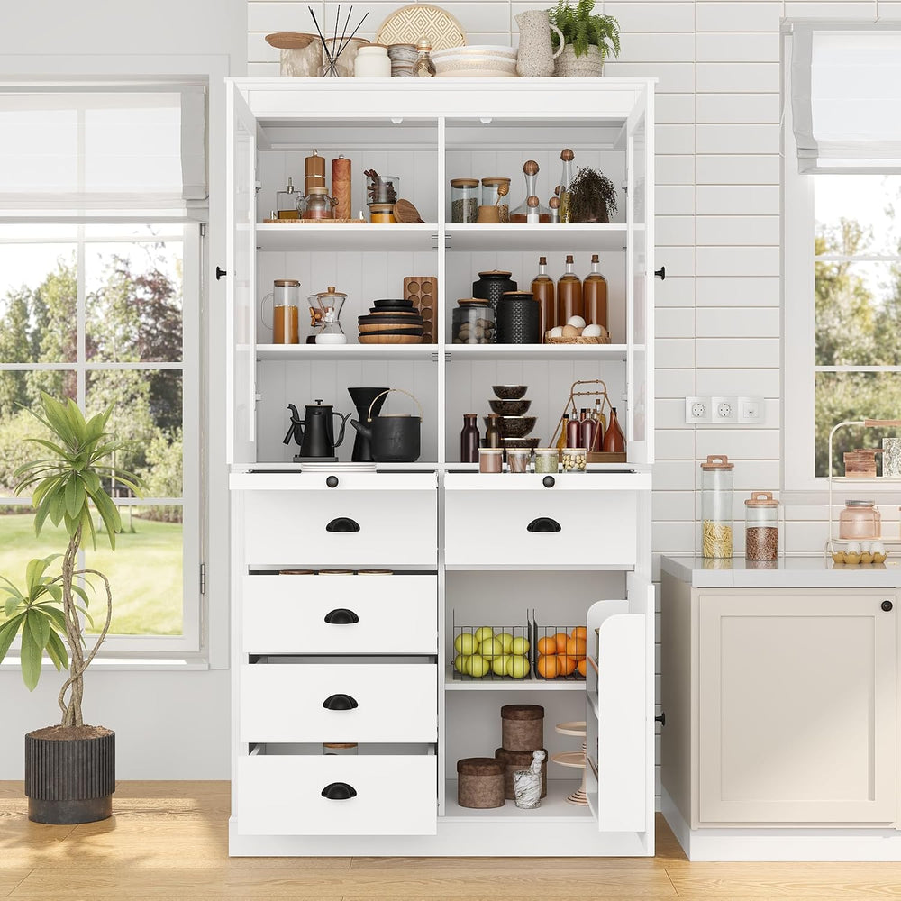 Vintage 72" Freestanding Kitchen Pantry with Glass Doors, Coffee Bar Sta...