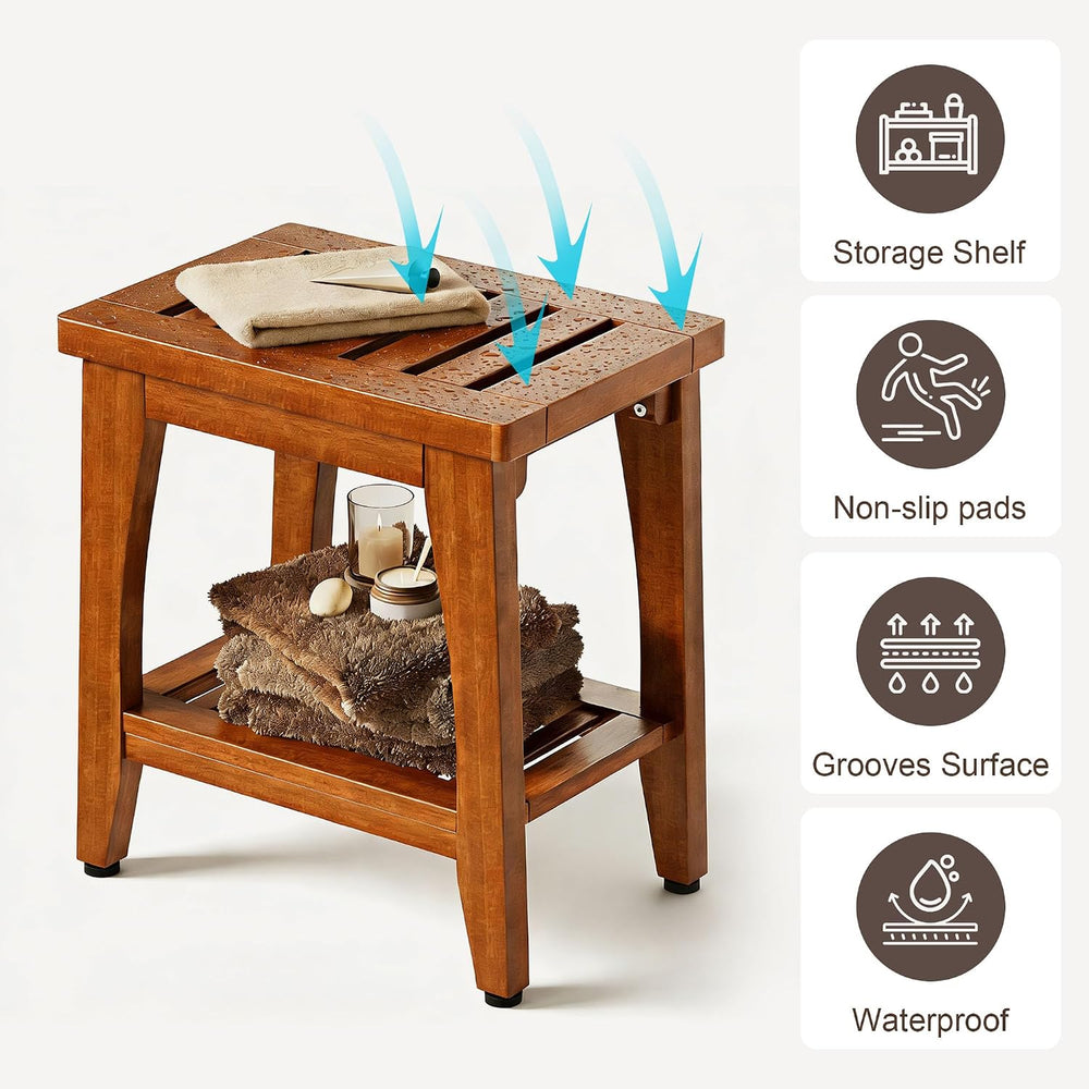14" Compact Solid Teak Shower Bench with Storage Shelf