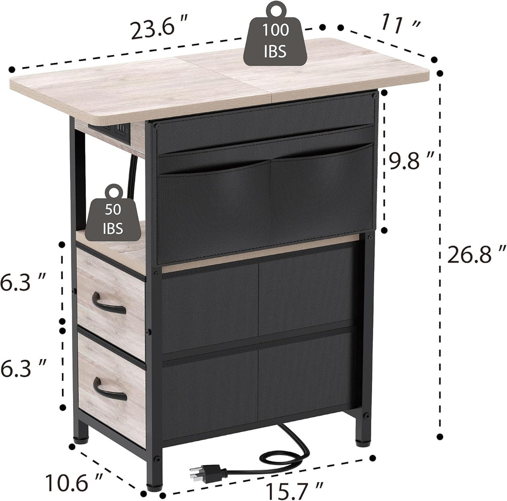 Yenlure Small Side Table with Charging Station, Narrow Nightstand Bedside Tab...