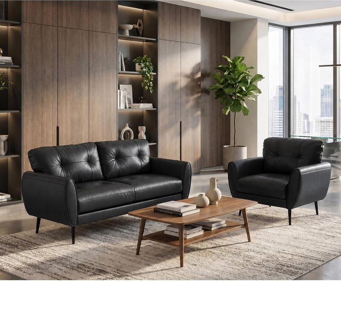 61'' Small Leather Loveseat and Chair, 2 Piece Living Room Sets, Black
