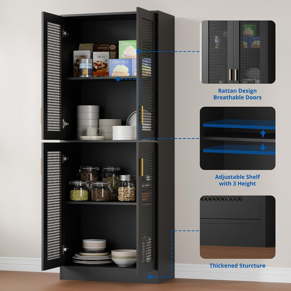 Cozy Castle Kitchen Pantry Cabinet, 71" Tall Rattan Doors Storage Cabine...