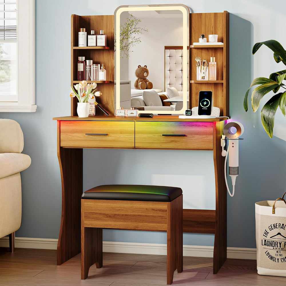 Vanity Desk with LED Lights Mirror & Power Outlet, Small Makeup Vanity Ta...