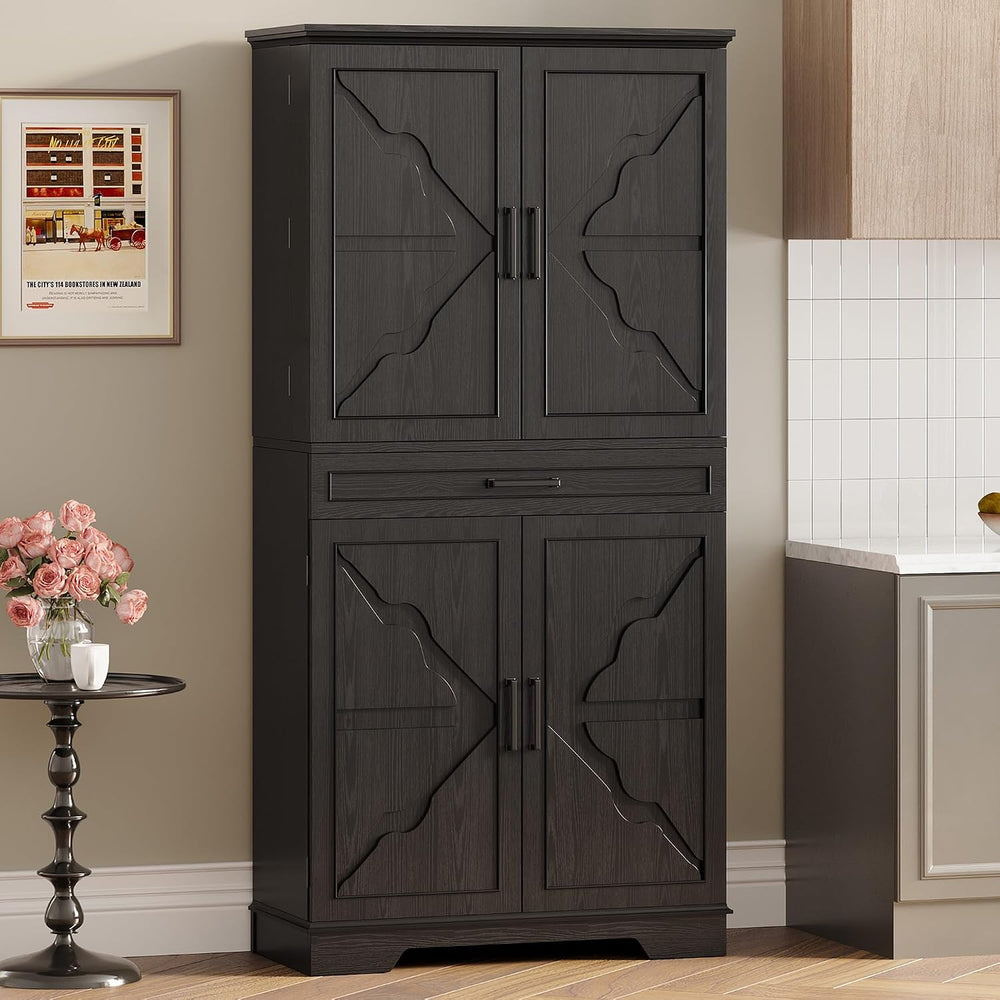 IRONCK 72" Farmhouse Kitchen Pantry Cabinet with Sliding Storage Rack,Bl...