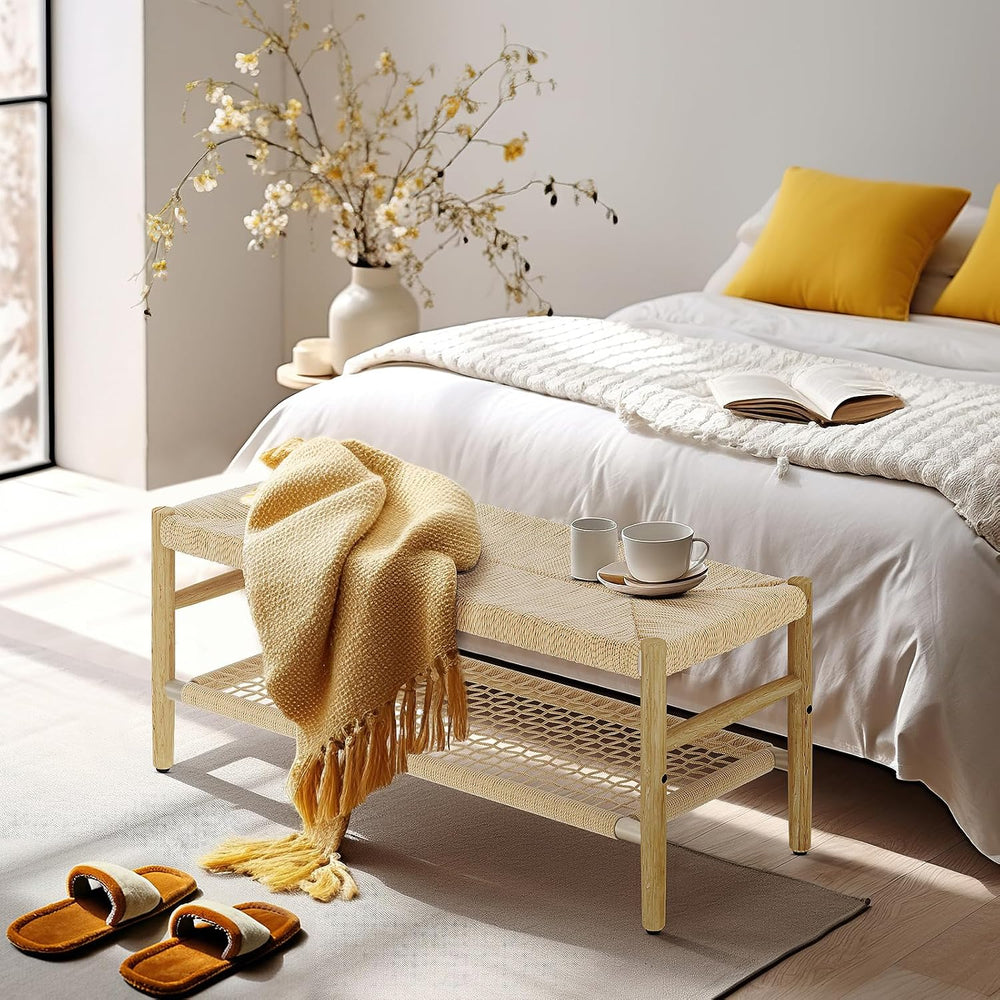 Recaceik Indoor Entryway Bench with Paper Cord Ottoman & Grid Storage Rac...