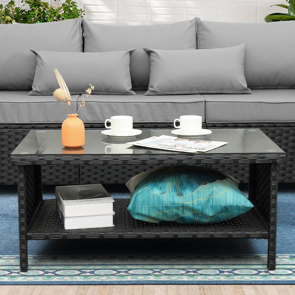 Outdoor Wicker Coffee Table Patio Furniture Garden Rattan 2-Layer Glass Table...