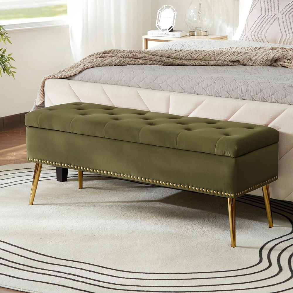 HULALA HOME Modern Velvet Storage Ottoman Bench with Gold Base & Nailhead...