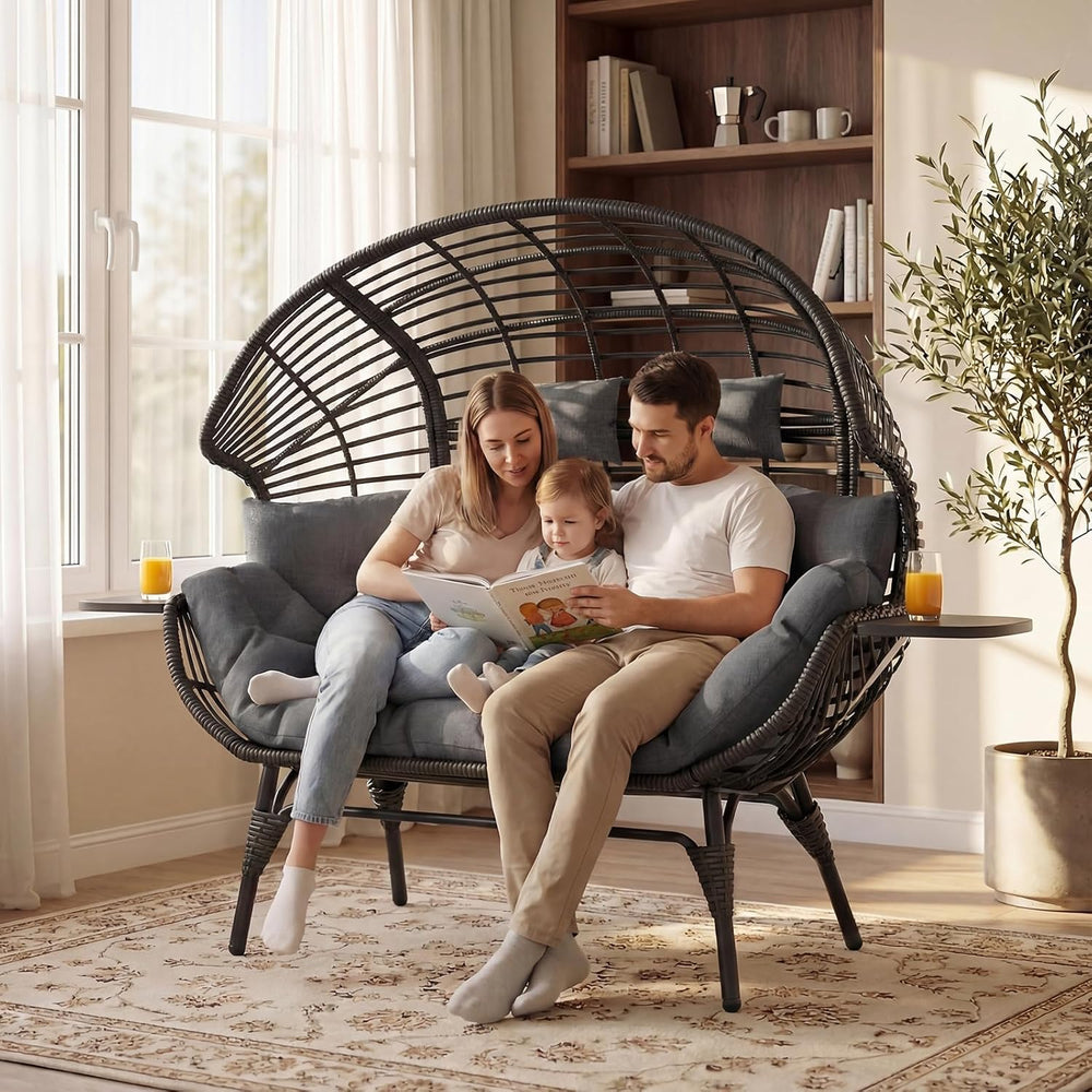 Double Egg Chair with Cup Holder Outdoor Indoor,2 Person Oversized Wicker Lou...