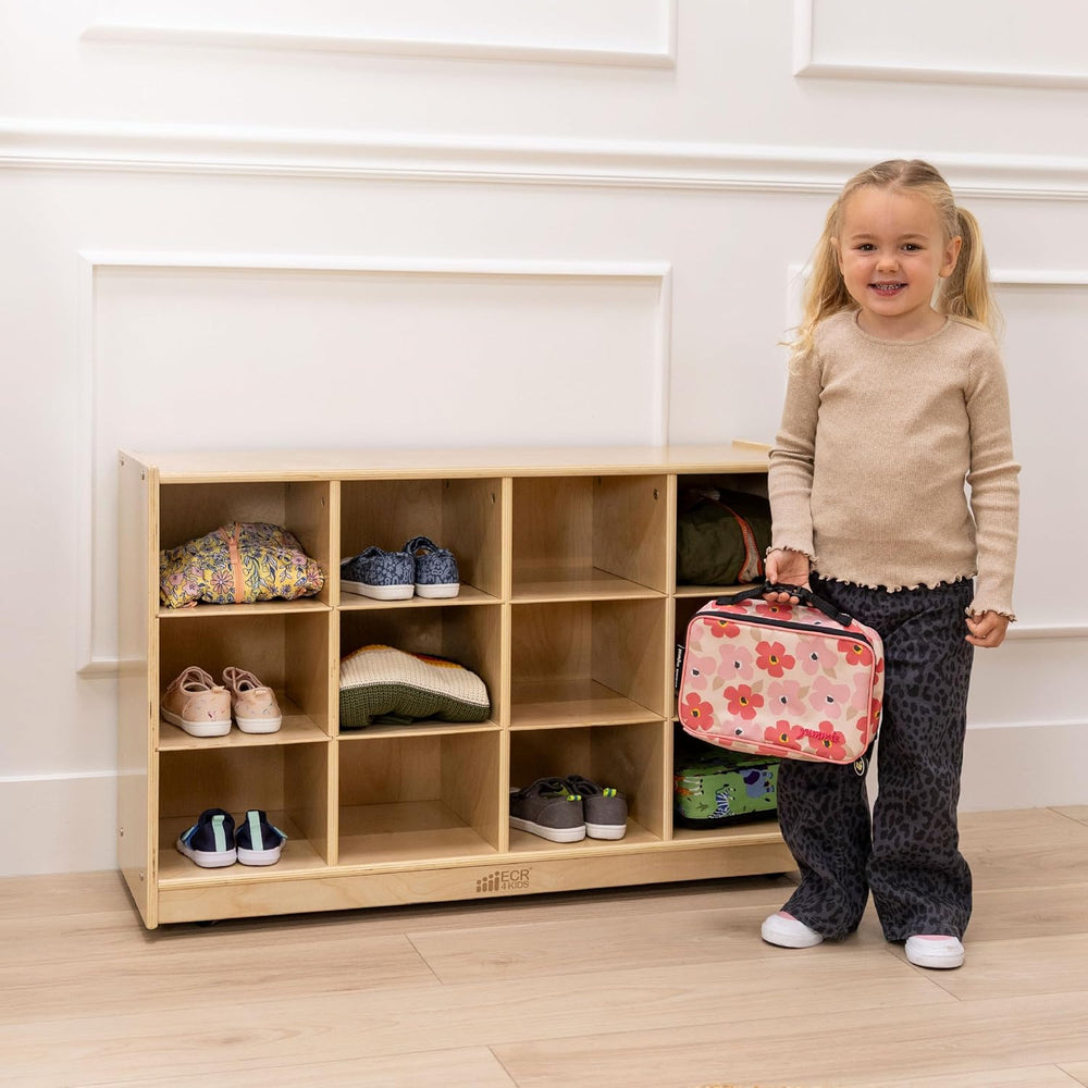 ECR4Kids 12 Cubby Mobile Tray Storage Cabinet, 3x4, Classroom Furniture, Natu...