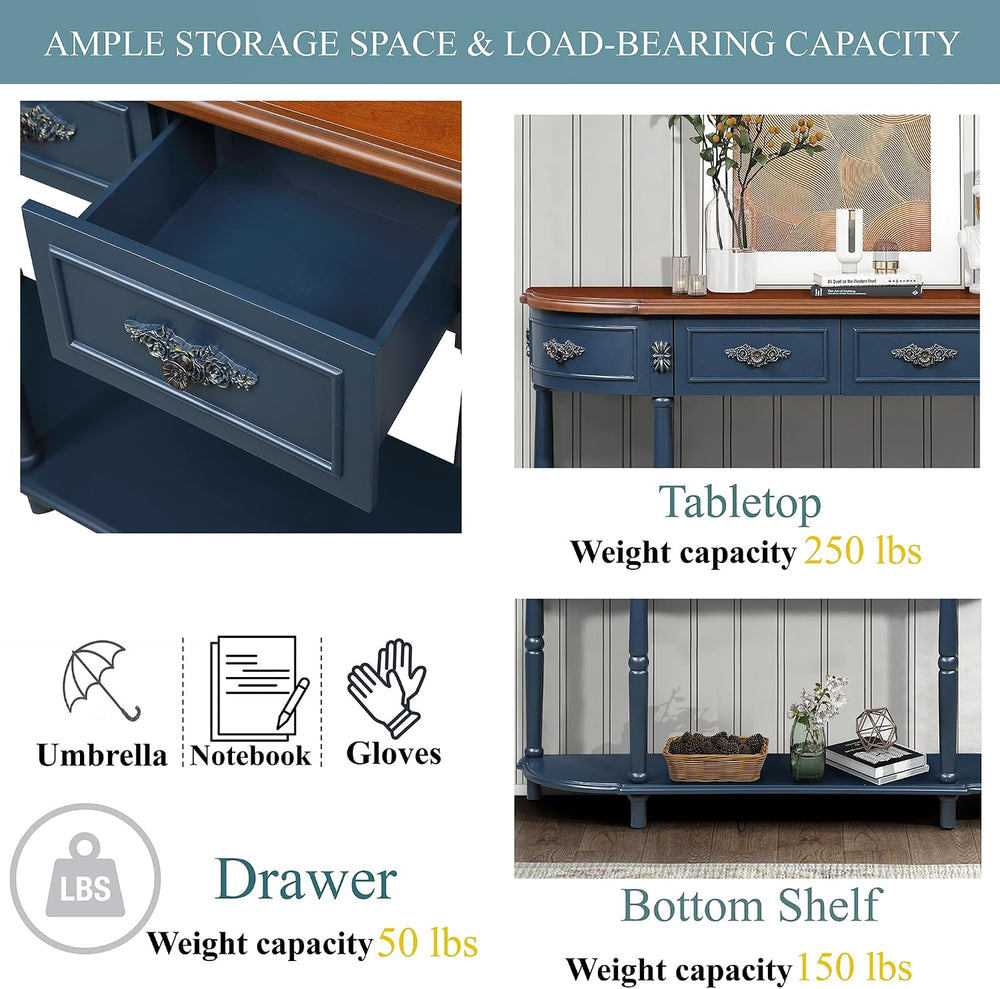 P PURLOVE Curved Console Table with 2 Drawers, Retro Sofa Table with Solid Wo...