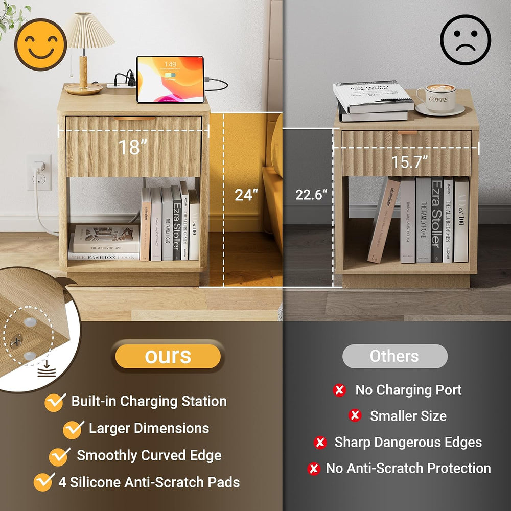 Fluted Nightstand with Charging Station, 18" W Night Stand with Metal Ha...