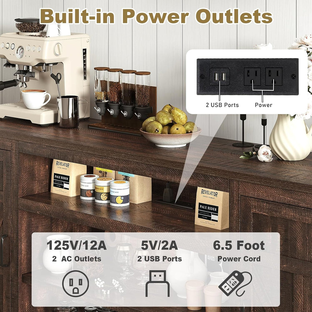 XVD 75" Farmhouse Coffee Bar Cabinet with Charging Station, Sideboard Bu...