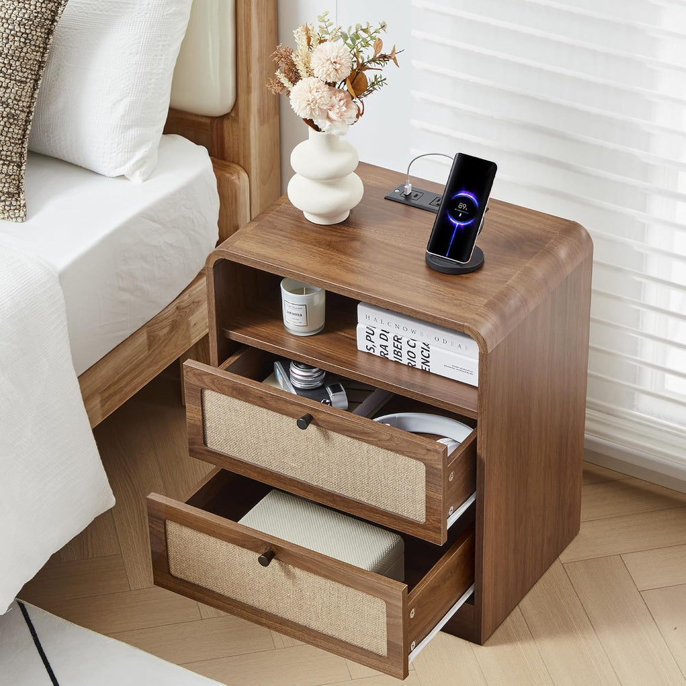 Farmhouse Nightstand with Charging Station, Night Stand with 2 Drawers, Mid-C...