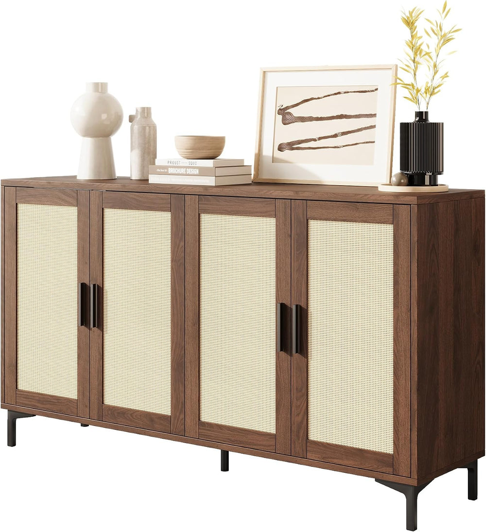 JASIWAY 48" Rattan Buffet Cabinet with Storage, Walnut Coffee Bar Cabinet