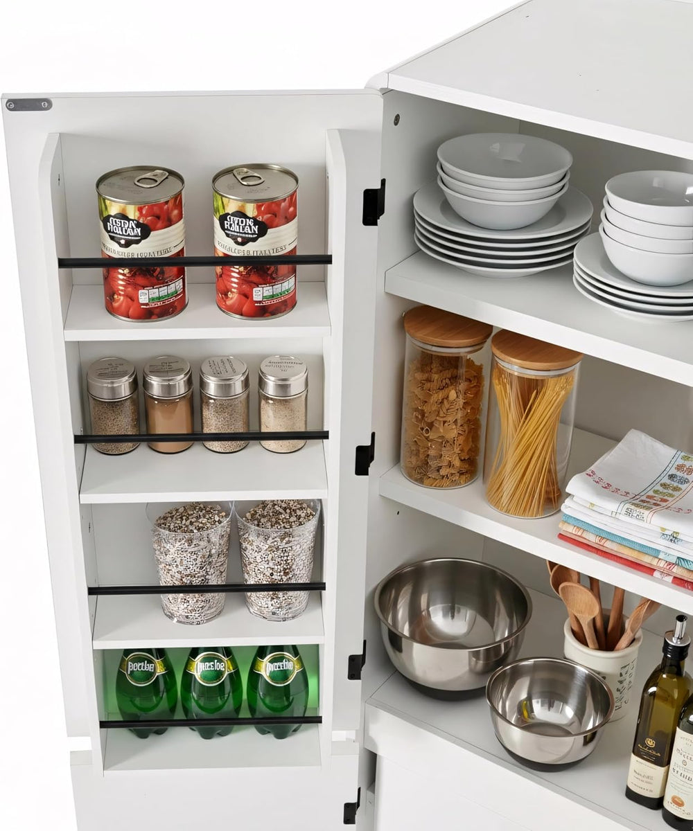 72 Inch Farmhouse Kitchen Pantry Cabinet with Unique Curved Design, 4-Door St...