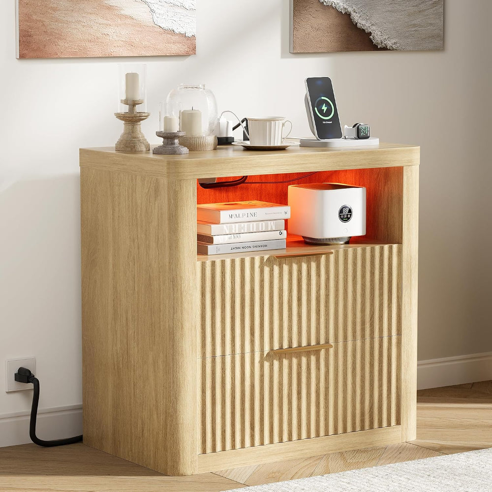 JUMMICO Fluted Nightstand with Charging Station & RGB Lights,Wooden End T...