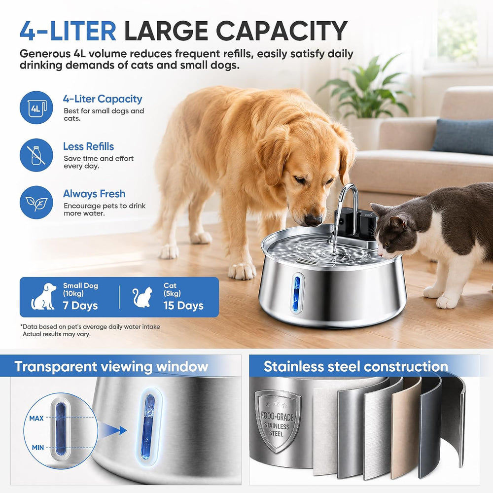 Selene Wireless Dog Water Fountain, 4L Stainless Steel Dog Water Fountain wit...