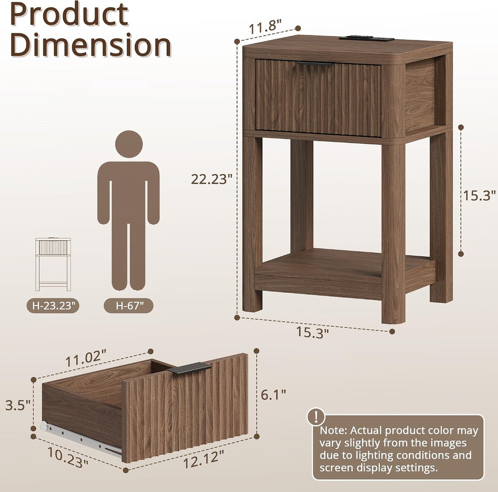 MECHYIN Nightstand Set of 2 with Charging Station, Fluted Bedside Table with ...