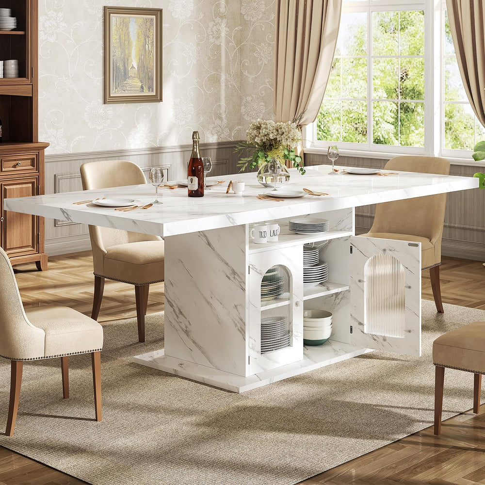 HSH 63" Modern White Faux Marble Dining Table for 6 with Storage Cabinet