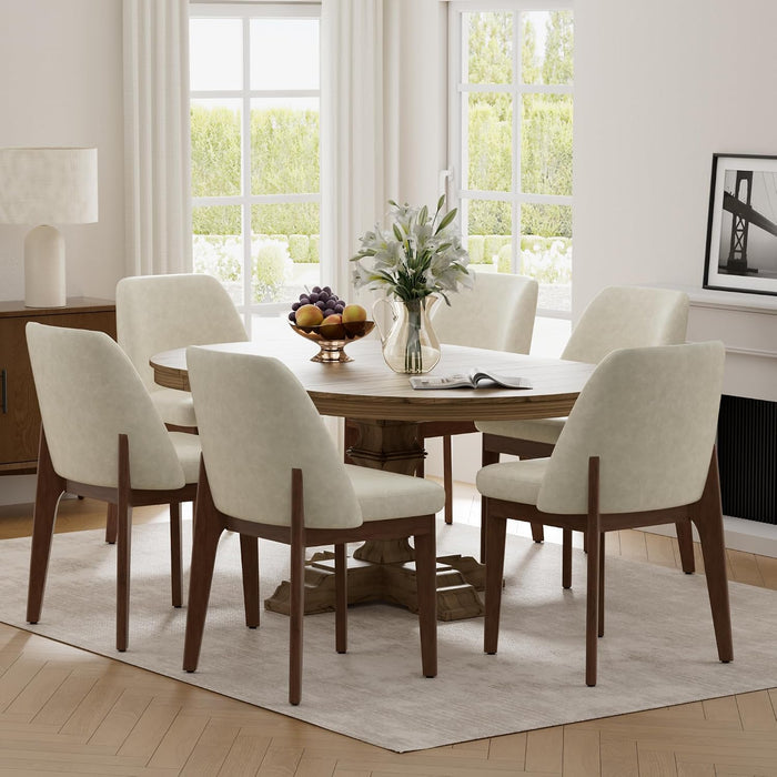 VKNOW Dining Chairs Set of 6, Faux Leather Wooden Kitchen Chairs, Beige
