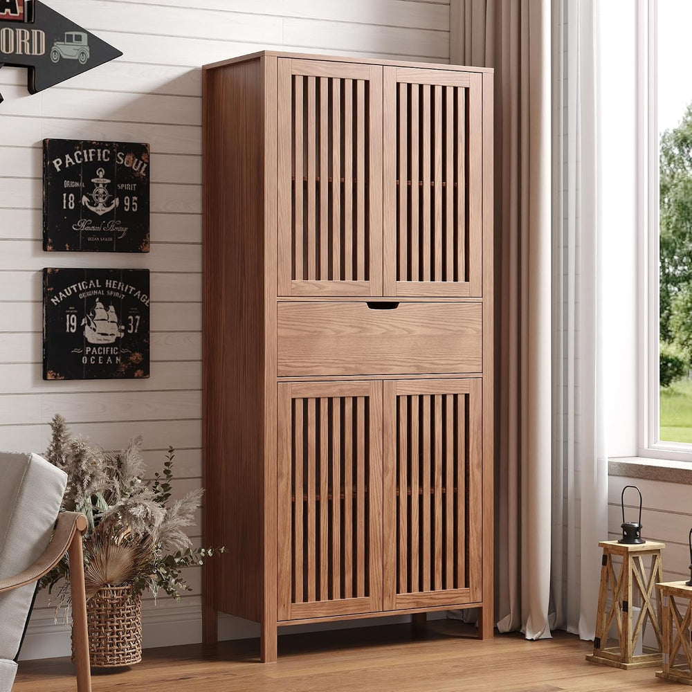BVIUNTWO Farmhouse Wooden Kitchen Pantry Storage Cabinet, Tall Storage Cupboa...