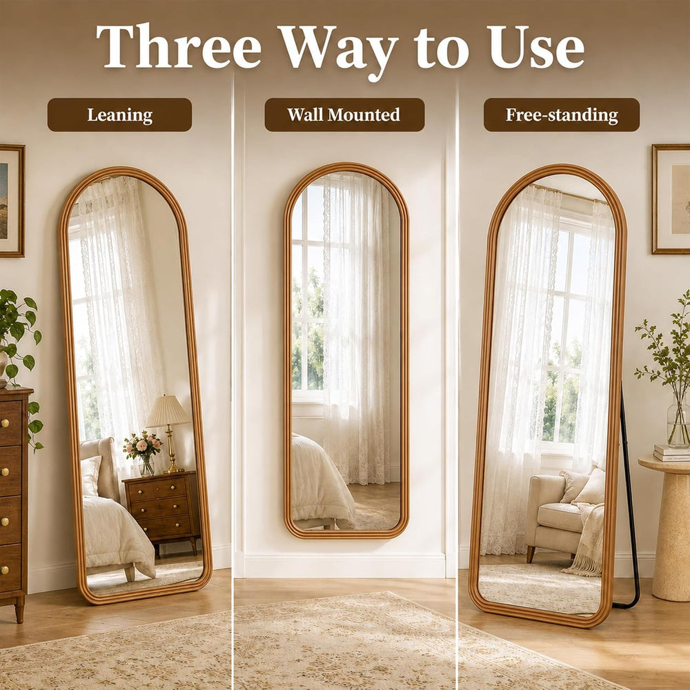 24x65 Inch Wood Arched Full Length Floor Mirror, Natural Wood